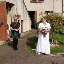 Lisa leaving for the wedding ceremony.